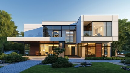 Fototapeta premium Modern house concept ideal for business rentals, real estate listings, and promotional material showcasing luxurious and modern living spaces