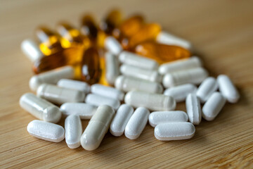 closeup of white, yellow medicine capsules on a wooden table.