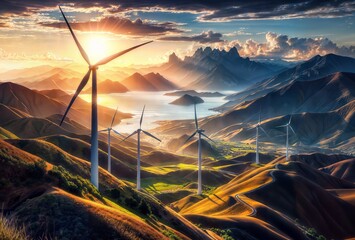 Wind turbines in the mountains at sunset. 3d rendering. Computer digital drawing.