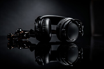 Headphones on a black background with copy space. 3d rendering