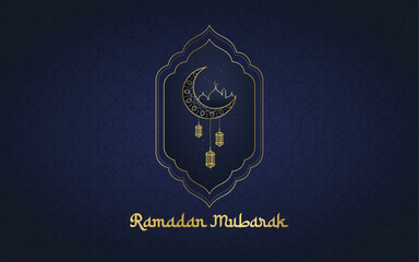 Fototapeta premium Realistic Ramadan Mubarak Background with Golden Lantern, Moon, And Mosque Vector Illustration. Ramadan Kareem Greeting Banner Vector Template Design