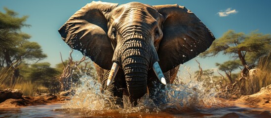 An African elephant walks swinging its trunk and spouting water under the hot sun - obrazy, fototapety, plakaty