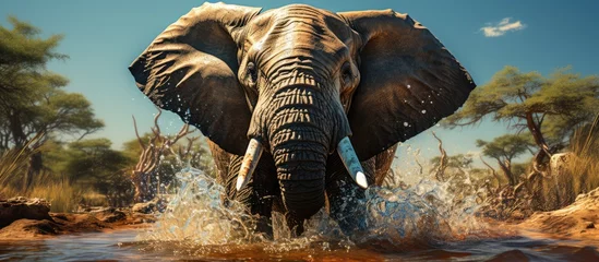 Zelfklevend Fotobehang An African elephant walks swinging its trunk and spouting water under the hot sun © MBRAMO