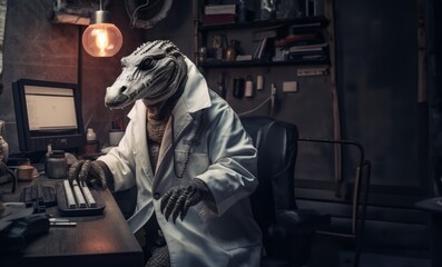 In a whimsical scene, a crocodile dons a doctor's attire, diligently working at a computer in its professional office space.Generated image