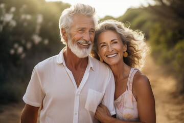 Golden Years Glow: Radiant Senior Couple in Nature. Radiant senior couple sharing a joyful moment, surrounded by lush nature at sunset