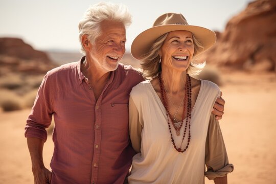 Stylish Senior Couple Enjoying Desert Expedition. Smiling elegantly dressed senior couple embracing in a desert, enjoying the vista - Powered by Adobe