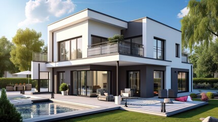 Modern house concept inspiration, ideal for business rental house concepts, homes for sale, and advertisements showcasing luxurious and modern houses - obrazy, fototapety, plakaty