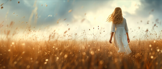 Young Woman Embracing Freedom in a Dreamy Golden Field at Sunset: A Portrait of Serenity and Hope - obrazy, fototapety, plakaty