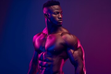 Fototapeta na wymiar Afro American fitness model torso in purple top with well defined abdominal muscles