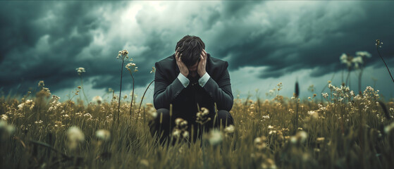 Distressed Businessman in a Field: A Symbol of Professional Struggles and Emotional Turmoil Amidst Nature's Indifference - obrazy, fototapety, plakaty