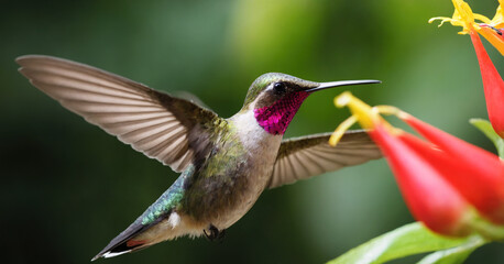 Fototapeta premium A mesmerizing photo capturing a hummingbird in flight, its iridescent feathers glittering against a tropical background as it hovers near a vibrant flower
