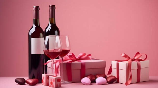 four valentines gifts with gifts, wine and candy on pink background