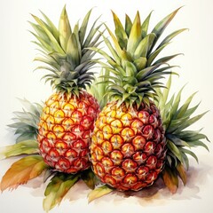 Fototapeta premium Two vibrant watercolor pineapples on a white background