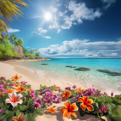 Tropical Paradise Bliss: Seaside Cove with Sandy Beach, Palm Trees, and Vibrant Exotic Flowers in Close-Up View