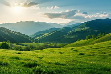 panorama of beautiful countryside of romania. sunny afternoon. wonderful springtime landscape in mountains. grassy field and rolling hills. rural scenery - obrazy, fototapety, plakaty