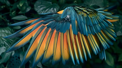 a blue and yellow bird with its wings spread