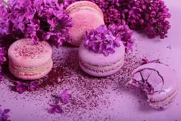 Close up of Pastel colored sweet french macaroons with lilac flowers and splash of dry blueberry...