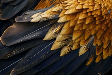 a close up of a yellow and black bird's feathers