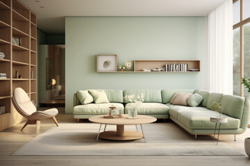 Seating group and decor modern minimal living room interior design pastel green colors