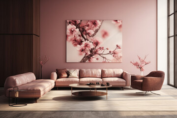 Seating group and decor modern minimal living room interior design rose colors