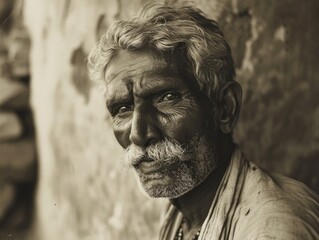Photorealistic Old Indian Man with Blond Straight Hair vintage Illustration. Portrait of a person in World War II era aesthetics. Historic movie style Ai Generated Horizontal Illustration.