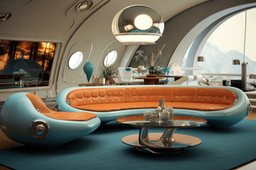 Seating group and decoration modern futuristic living room interior design in vintage colors