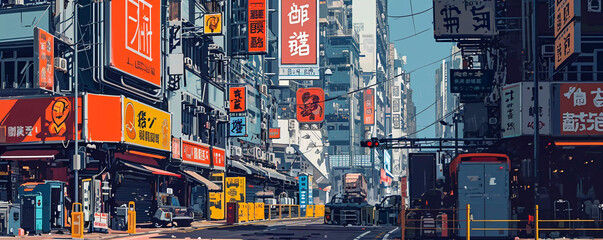 Asian city street in anime style, Generative AI - obrazy, fototapety, plakaty