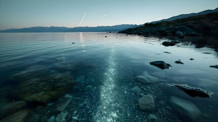 Fototapeta premium a body of water surrounded by rocks and mountains