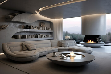 Seating group and decoration modern futuristic minimal living room interior design gray colors