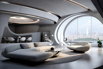 Seating group and decoration modern futuristic minimal living room interior design gray colors