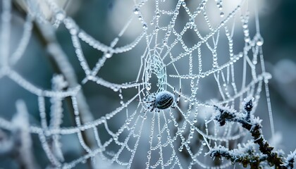 a close up of a spider web covered in dew