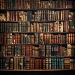 A wall full of old ancient books on wooden shelf.