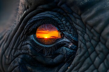 a close up of an elephant's eye with a sunset in the background - Powered by Adobe