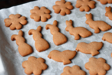 Osterkekse, Osterhase, Küken, Blumen, braune Lebkuchenkekse