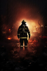 Fototapeta na wymiar Silhouette photo of firefighter on fire background