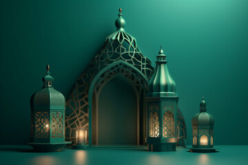 Obraz premium Ramadan Kareem greeting card in paper cut style with mosque and clouds