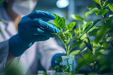 plant science laboratory research, biological chemistry test, green nature organic leaf experiment in test tube, scientist working in chemical medicine biotechnology or medical ecology lab technology - obrazy, fototapety, plakaty