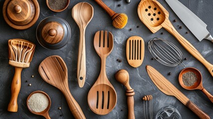 Assortment of kitchen utensils accessories and equipment - obrazy, fototapety, plakaty