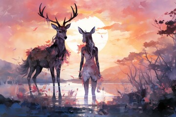 Elusive twilight fauns, guardians of the boundary between day and night - Generative AI - obrazy, fototapety, plakaty