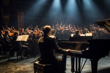 Pianist in concert with orchestra - obrazy, fototapety, plakaty