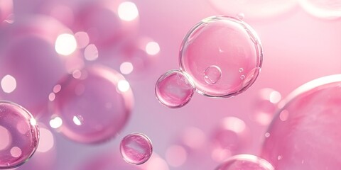Abstract beautiful transparent soap bubbles floating on pink background, romantic Valentine's...