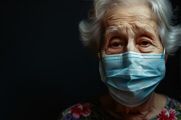 Elderly woman in medical mask on black background, panoramic shot with copy space. Medical Mask. Pandemic Concept with copy space. Healthcare Concept. Epidemic Concept. Copy Space.