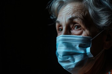 Portrait of a senior woman wearing a surgical mask. Black background with copy space. Medical Mask. Pandemic Concept with copy space. Healthcare Concept. Epidemic Concept. 