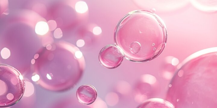 Abstract beautiful transparent soap bubbles floating on pink background, romantic Valentine's backgrounds.