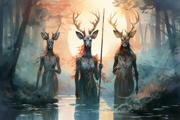 Obraz premium Elusive twilight fauns, guardians of the boundary between day and night - Generative AI