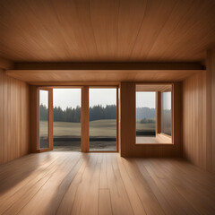 A large open room with wooden floors and a view of trees. The room is empty and has a peaceful, serene atmosphere
