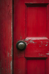 A worn red door with a traditional doorknob. A closed red door of little used house in mysterious feeling. Classic door handle.