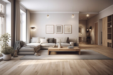 Fototapeta na wymiar interior with sofa and plant. 3d render illustration mock up