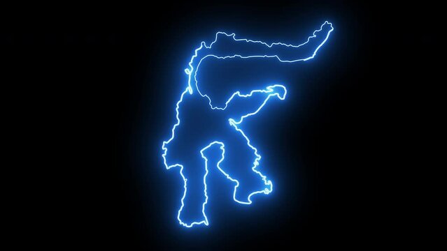 Animated map of the island of Sulawesi in Indonesia with a glowing neon effect