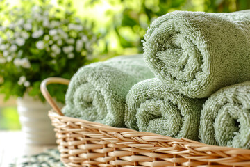 A wicker basket with mint fresh terry towels on the table.